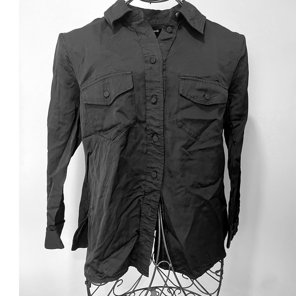 Madewell Women Sz 6 Black Viscose Linen Utility Western Button Down Shirt Pocket